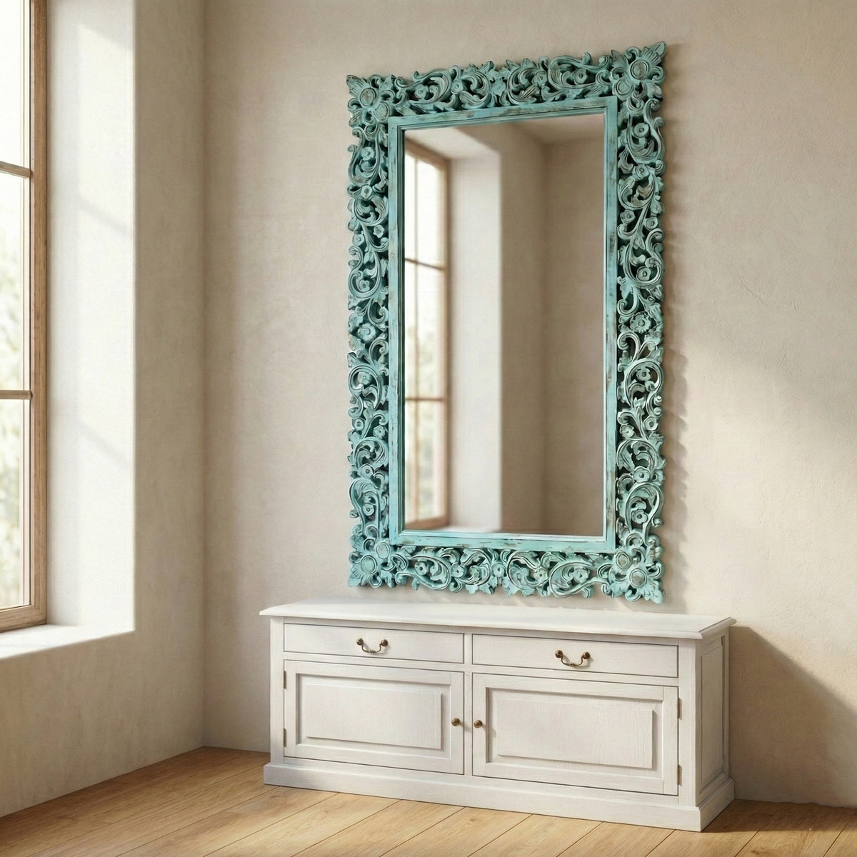 Hand Carved Mirror "Agung" - Turquoise Wash - 150 x 80 cm