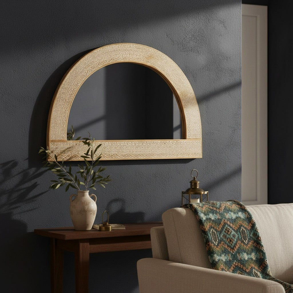 Wooden Carved Mirror Arch "Aruni" - Natural Wash - 140 x 90 cm