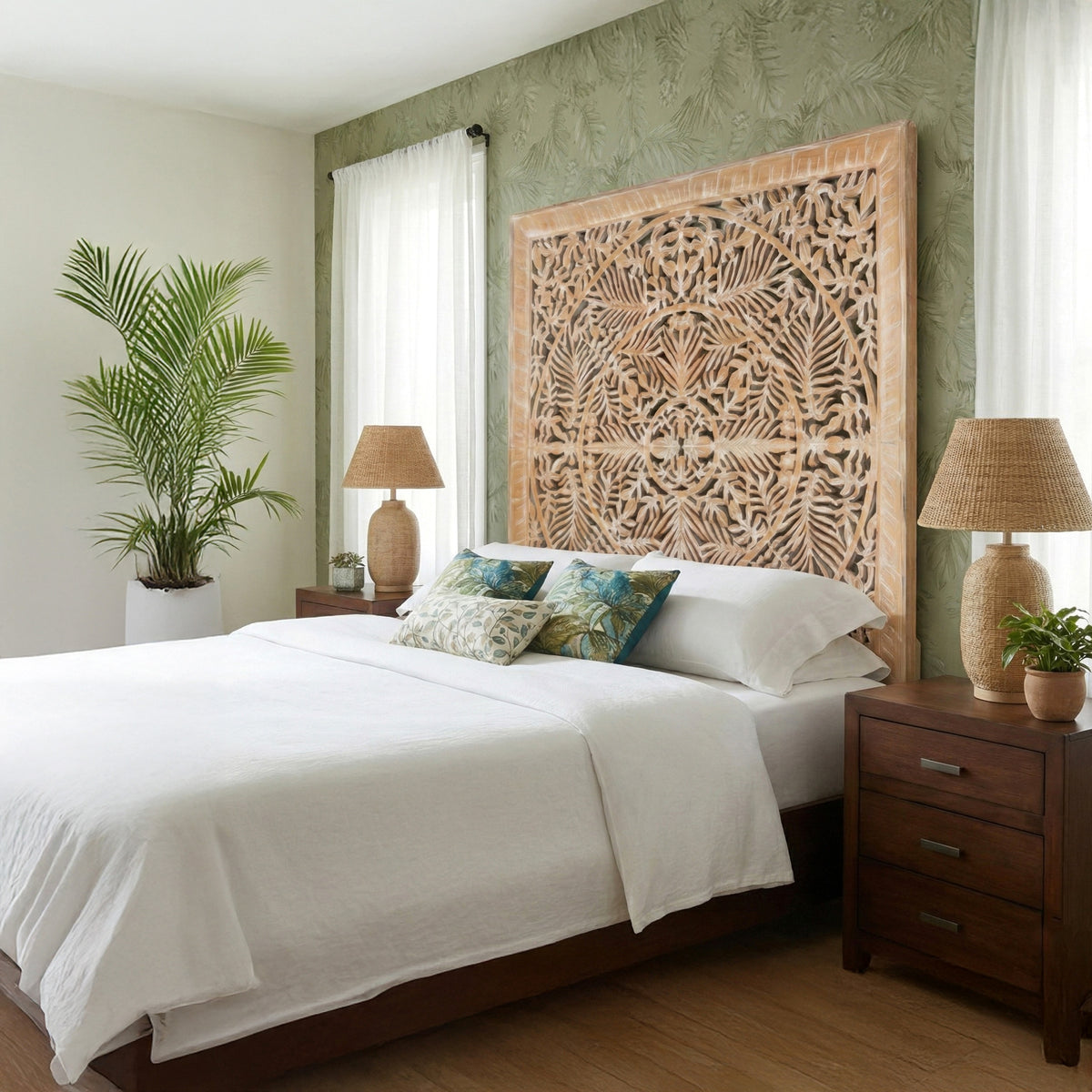 Hand Carved Full Bed Headboard 'Pucuk' - Antique wash