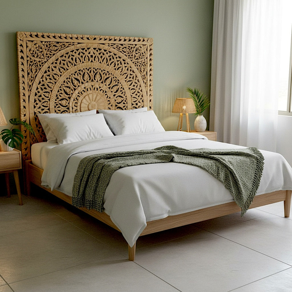Carved Full Bed Headboard "Embun" in Natural Brown