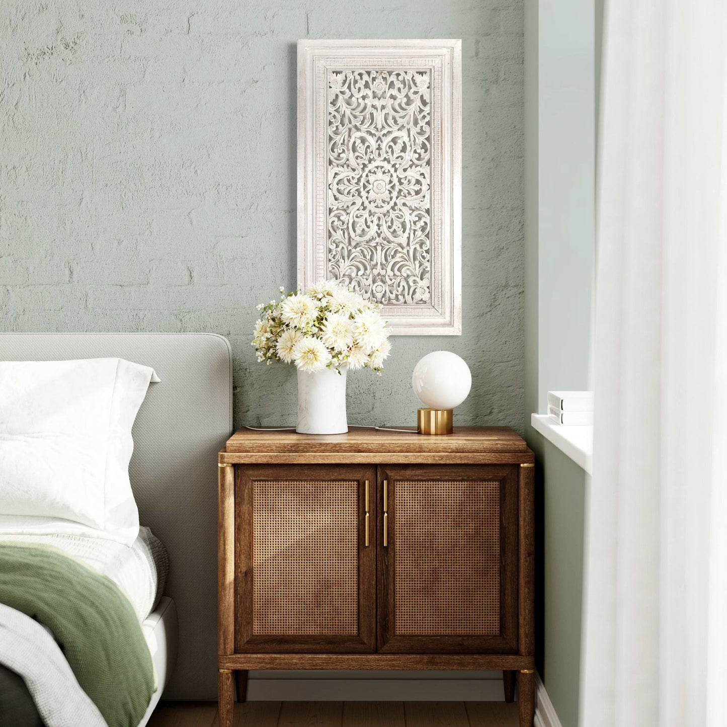 Carved Decorative Panel "Freesia" - White Wash - 90 x 50 cm