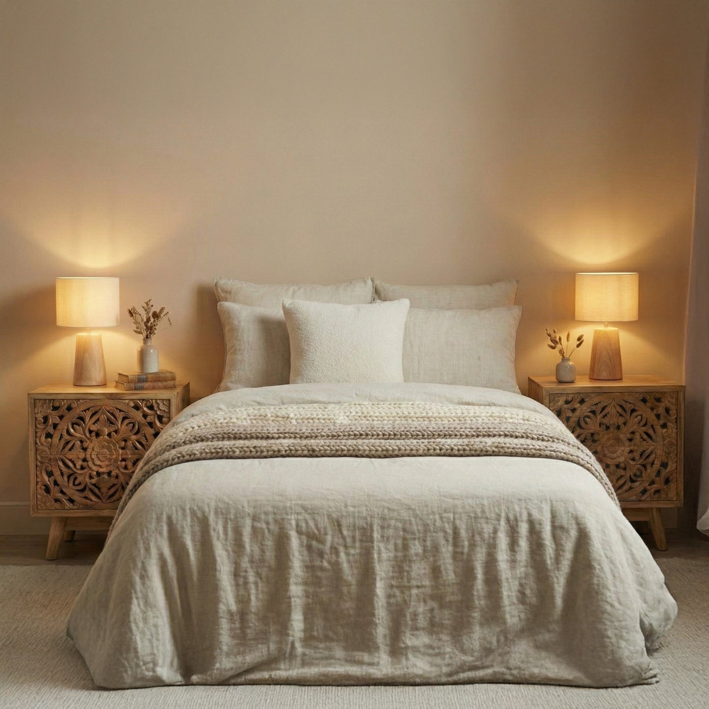 Carved Bedside Table 'Indra' - Natural