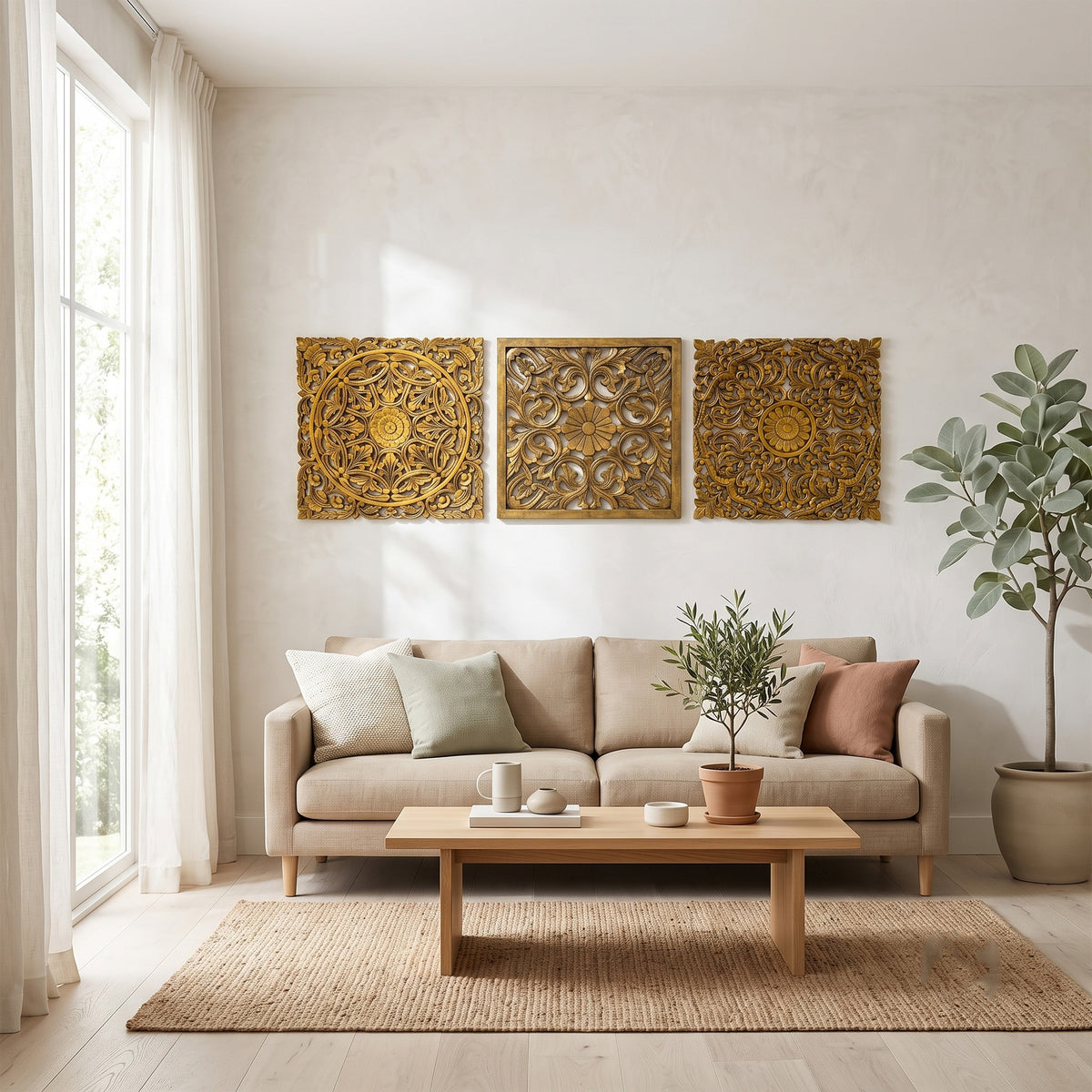 Set of 3 Decorative Panels "Pererenan" - Gold - 50 x 50 cm
