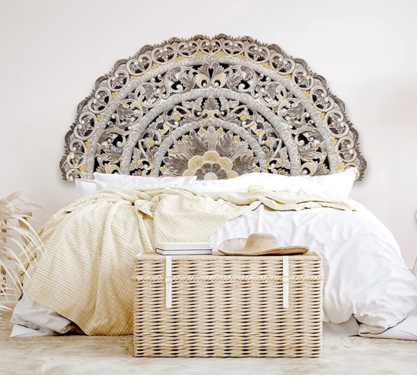 Hand Carved Queen Size Half-moon Mandala Bed headboard Sri in multi color yellow