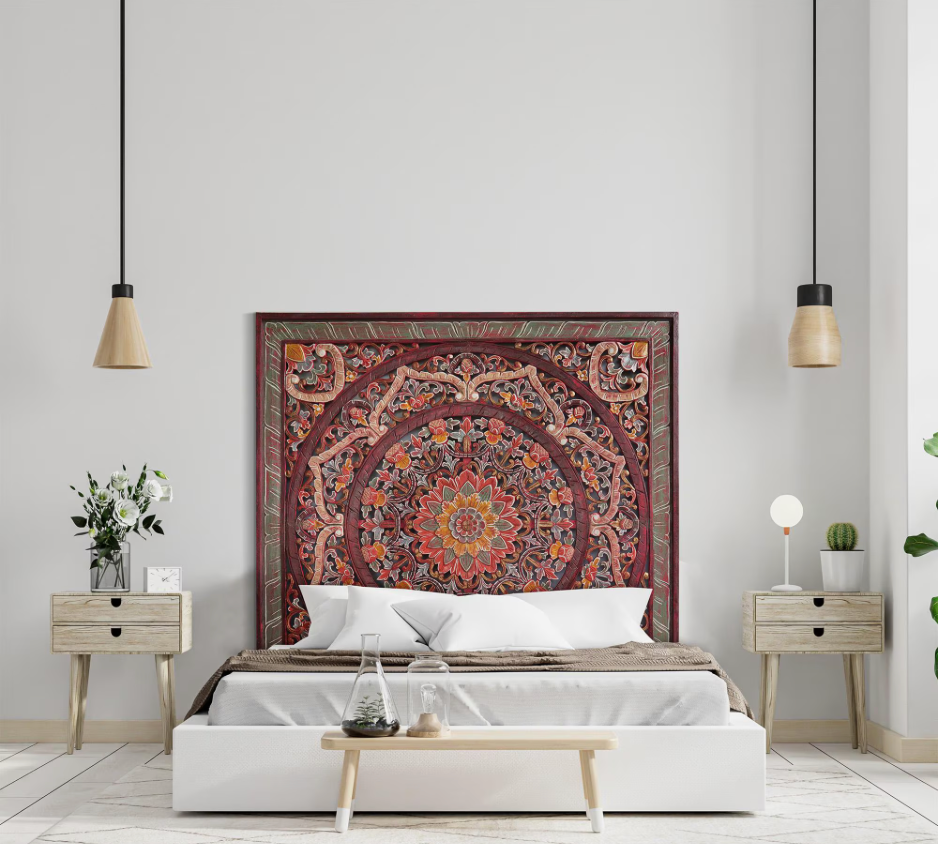 Balinese Queen Size Carved mandala full bed headboard Manusa in Red - USA