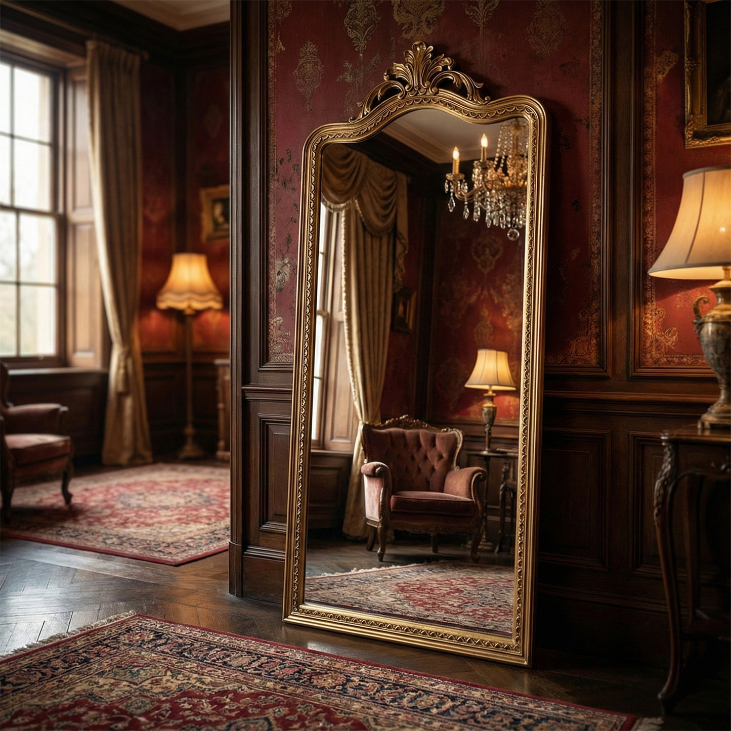 Hand Carved Mirror "Suksema" in Brass Antique Gold - 200 x 90 cm