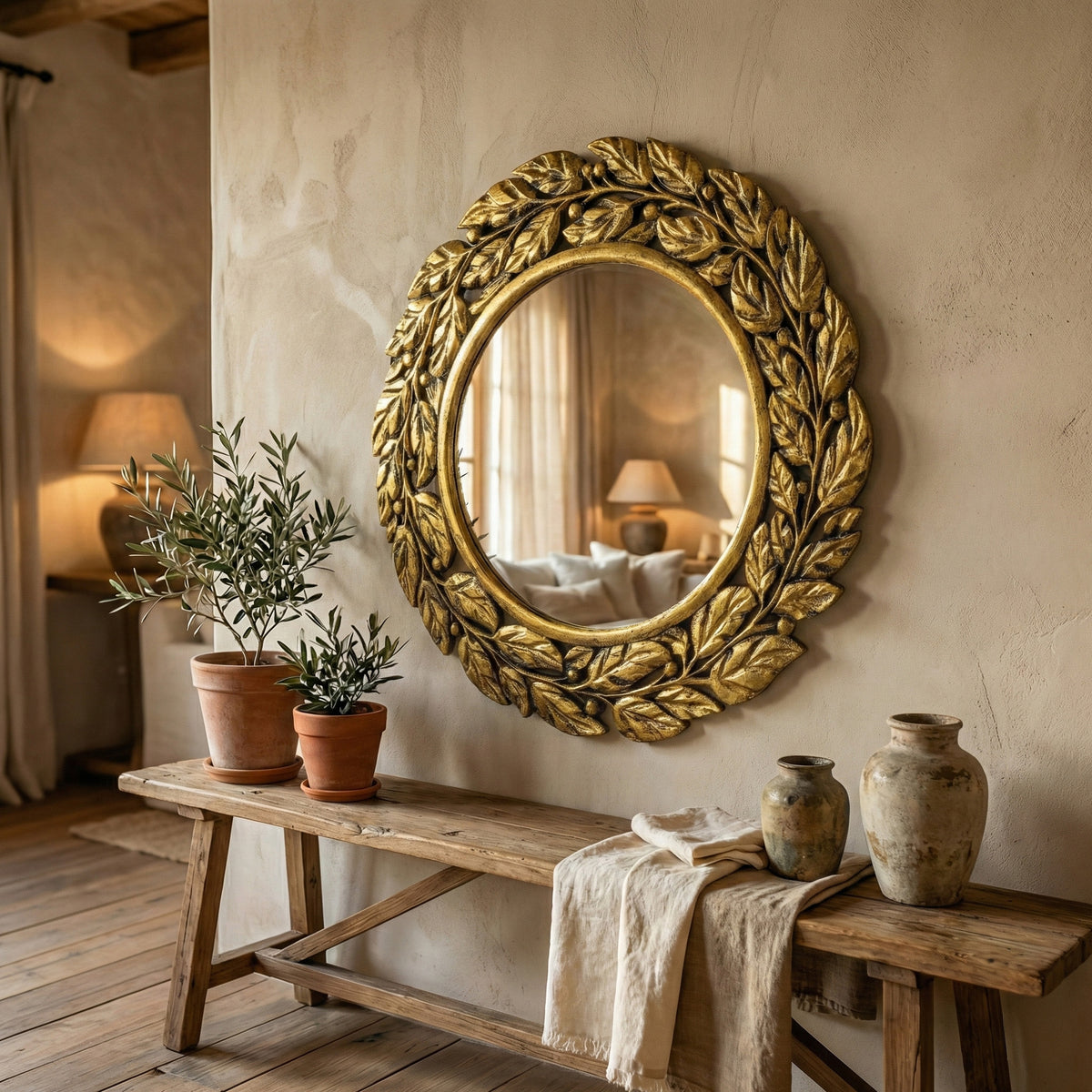 Hand Carved Mirror "Surya" in Gold Antique Wash - 70 cm