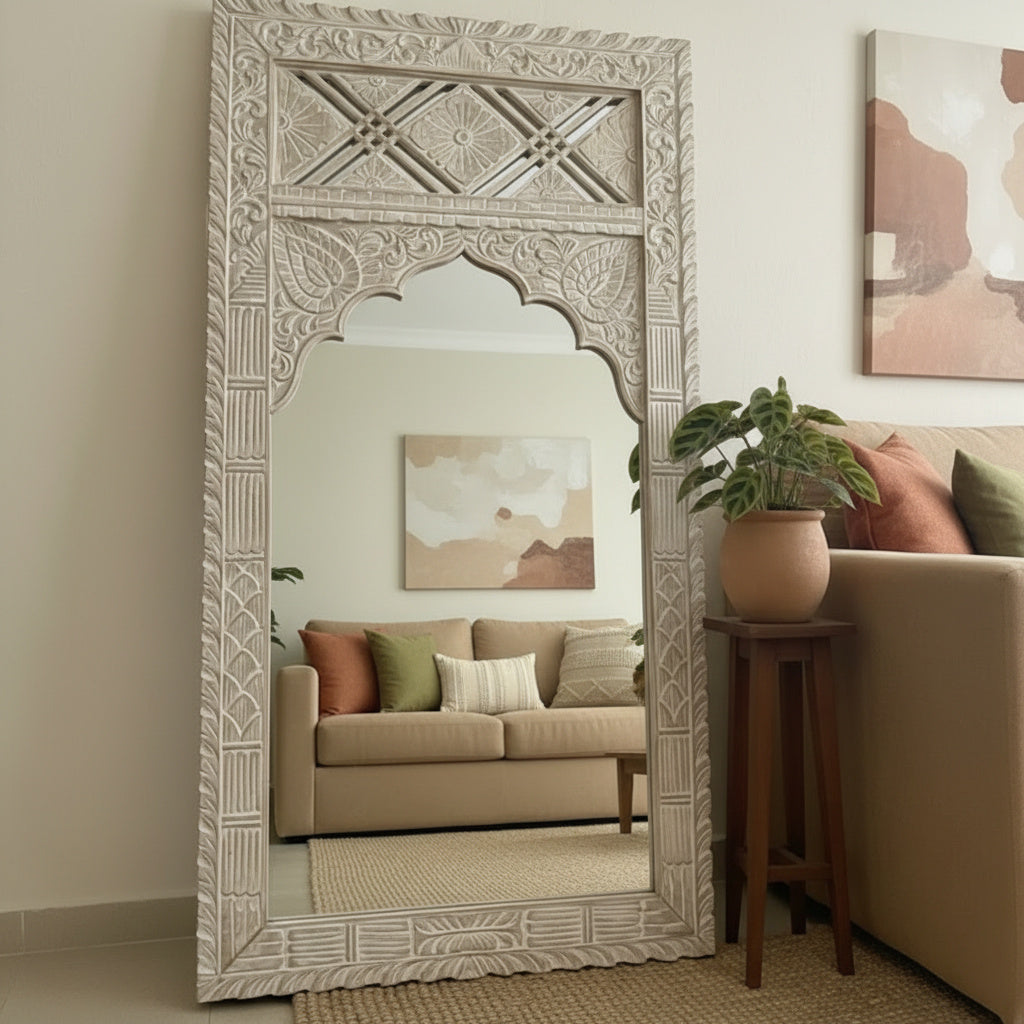 Hand Carved Wooden Mirror 'Sekarupa' - White Wash - 180 x 90 cm