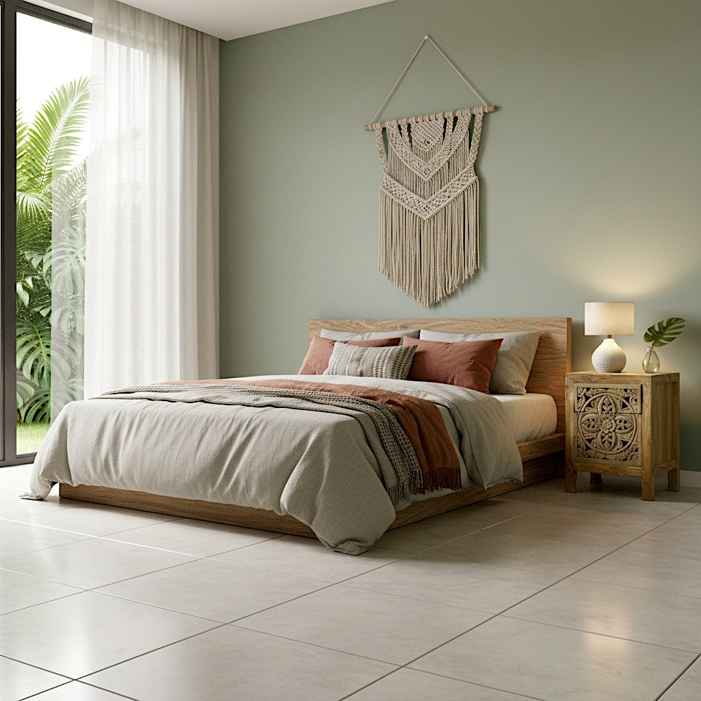 Wooden Carved Bedside Table 'Amed' - Natural