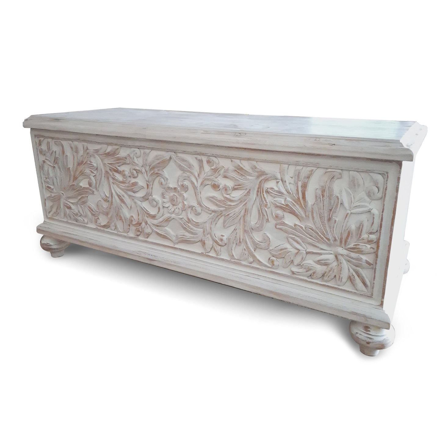 Hand Carved Wooden Trunk "Cristina" - Antic Wash - 100 cm