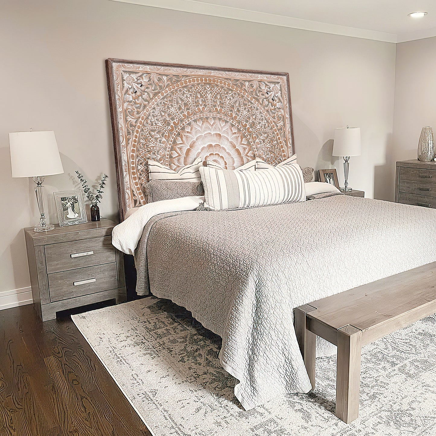 Carved Bed Headboard "Cendana" - Antic Wash