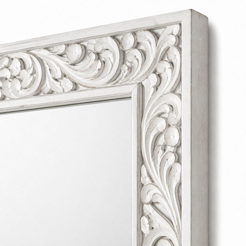 Hand Carved Wooden Mirror "Asmara" in White - 150 x 90 cm