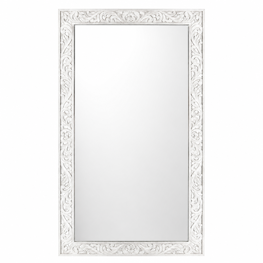 Hand Carved Wooden Mirror "Asmara" in White - 150 x 90 cm