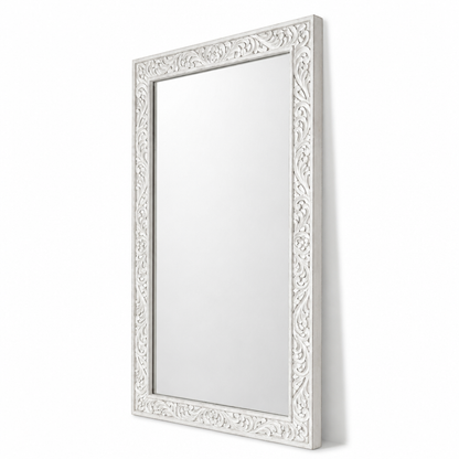 Hand Carved Wooden Mirror "Asmara" in White - 150 x 90 cm