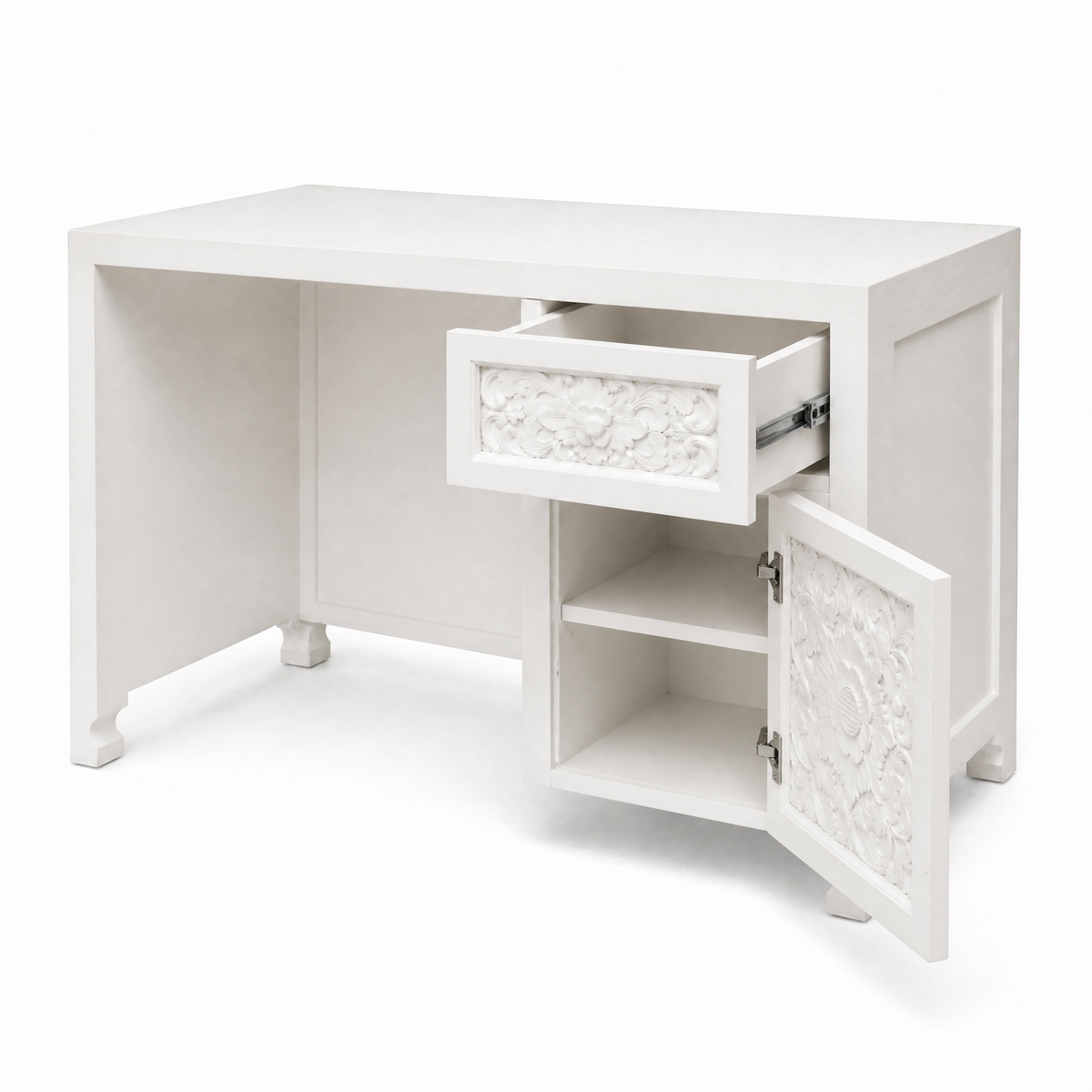 Carved Teak Working & Studying Table 'Alba' - White - 120 x 80 cm