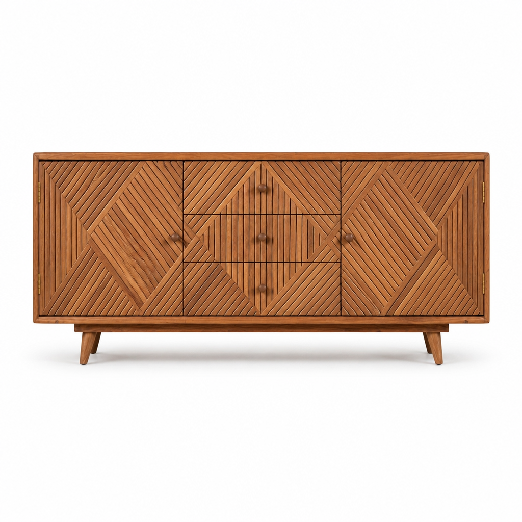 Mid-century modern wooden sideboard with geometric carved panel doors and three central drawers, shown on a clean white background.