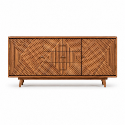 Mid-century modern wooden sideboard with geometric carved panel doors and three central drawers, shown on a clean white background.