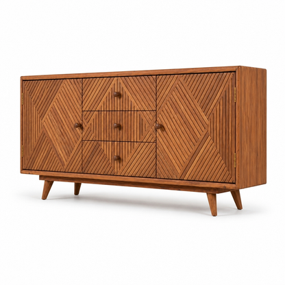 Mid-century modern wooden sideboard cabinet with geometric carved panel doors and drawers, shown on a clean white background.