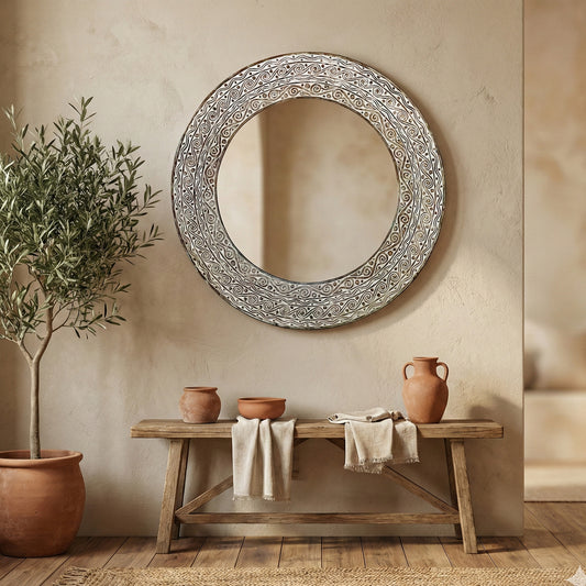 Hand Carved Mirror "Aruni" - White Wash - 80 cm