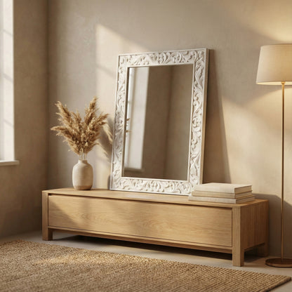 Hand Carved Mirror "Asmara" in White - 90 cm