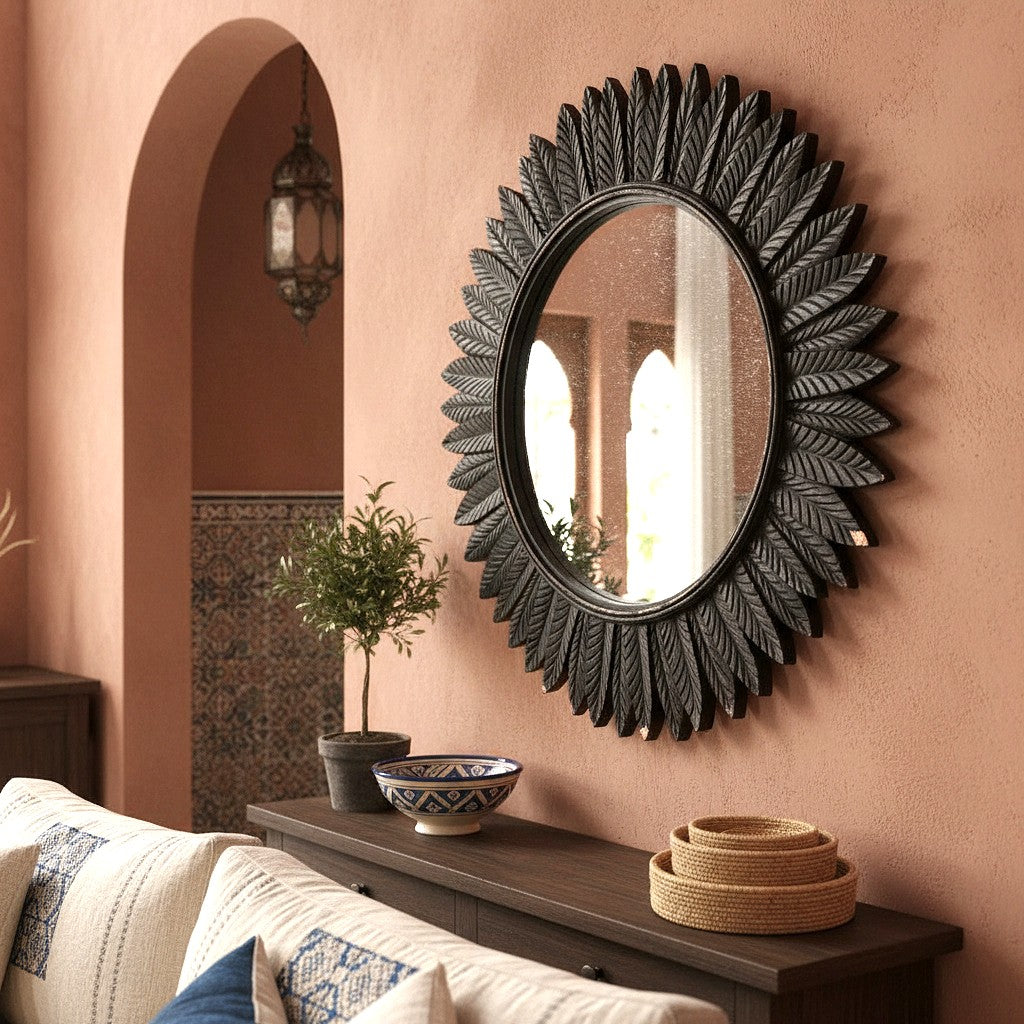 Hand Carved Mirror "Avani" - Black - 60 cm