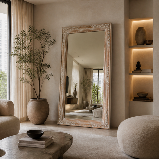 Wooden Hand Carved Mirror "Balian" - Natural Wash - 180 x 90 cm