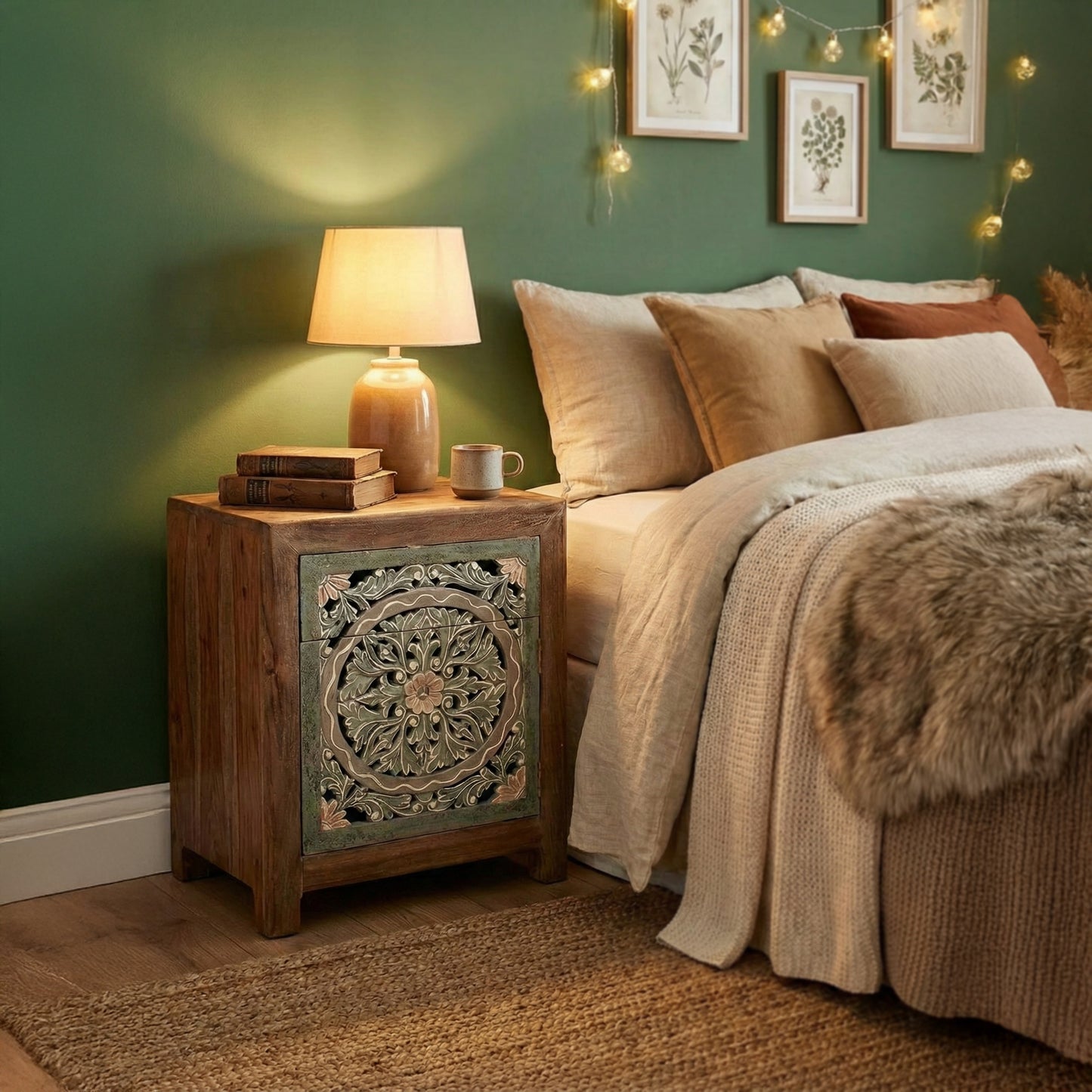 Wooden Carved Bedside Table 'Sekar' - Natural and Multicolor Green - 60 cm