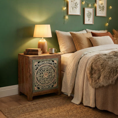 Wooden Carved Bedside Table 'Sekar' - Natural and Multicolor Green - 60 cm