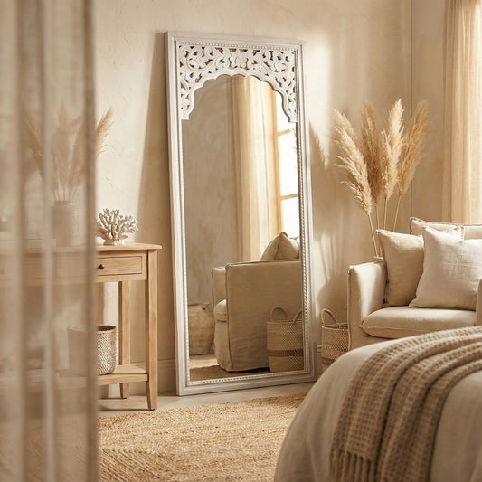 Hand Carved Mirror "Cahaya" in white - 180 cm