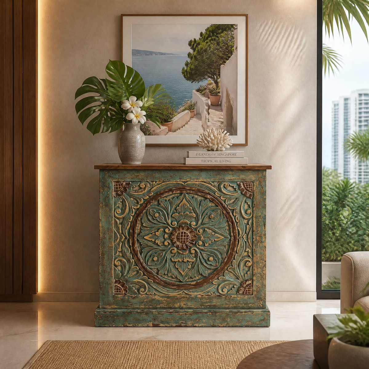 Hand-Carved Wooden Reception Table “Calyta” – Green Wash Finish – 80 cm