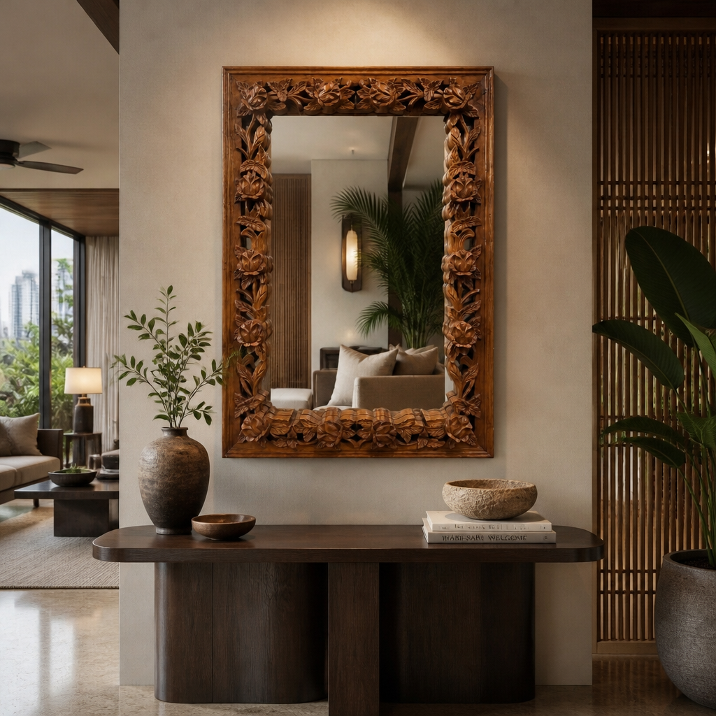 Hand-carved Wooden Mirror "Camélia" - Natural Brown - 120 x 90 cm