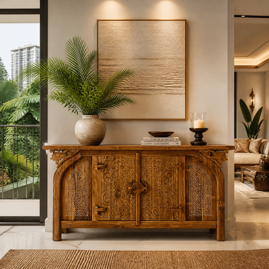 An ornate carved wooden console cabinet in a warm medium brown finish, styled in a modern living room setting with a potted green plant, a ceramic vase, books, and a candle on top, positioned beneath a large textured wall art piece.