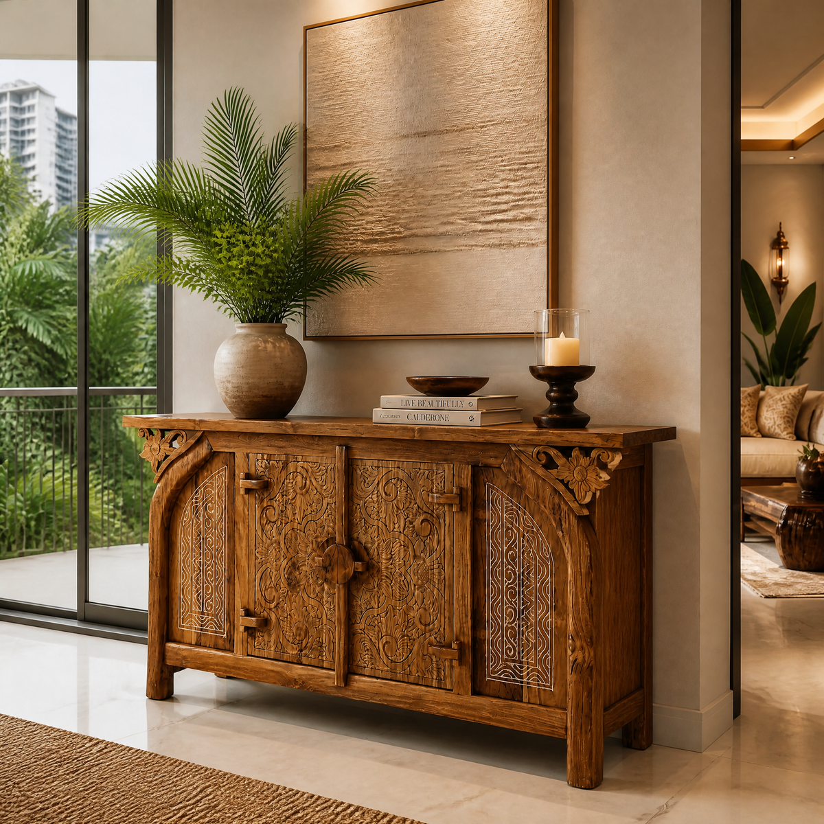 A carved wooden console table or sideboard cabinet in a warm medium brown finish, styled with a potted palm, books, a candle, and a bowl in a modern, sunlit entryway.
