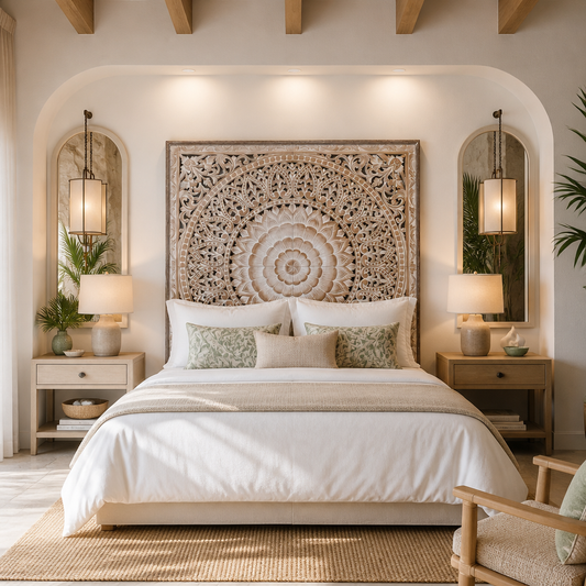 Carved Bed Headboard "Cendana" - Antique Wash