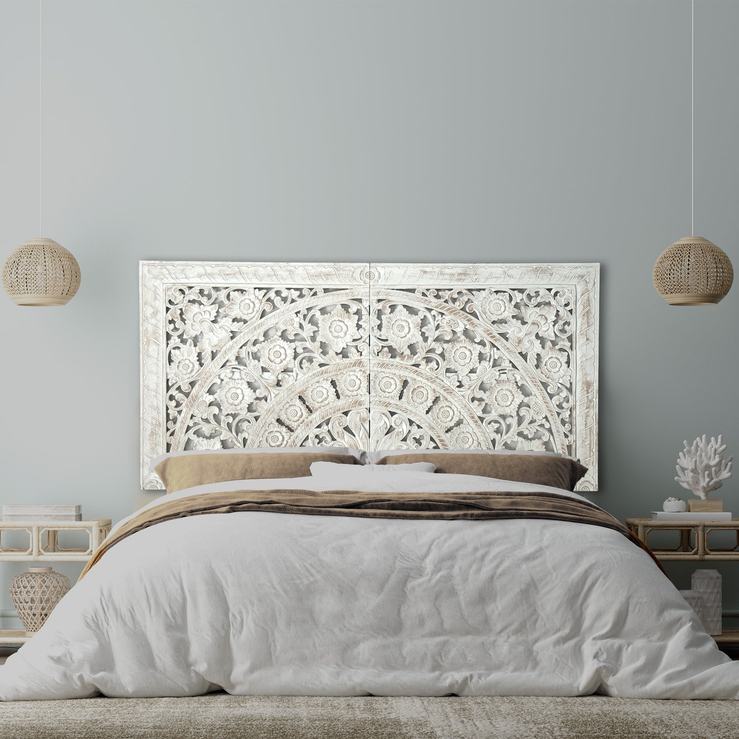 Carved Half Bed Headboard "Dianna" White Wash - EXP