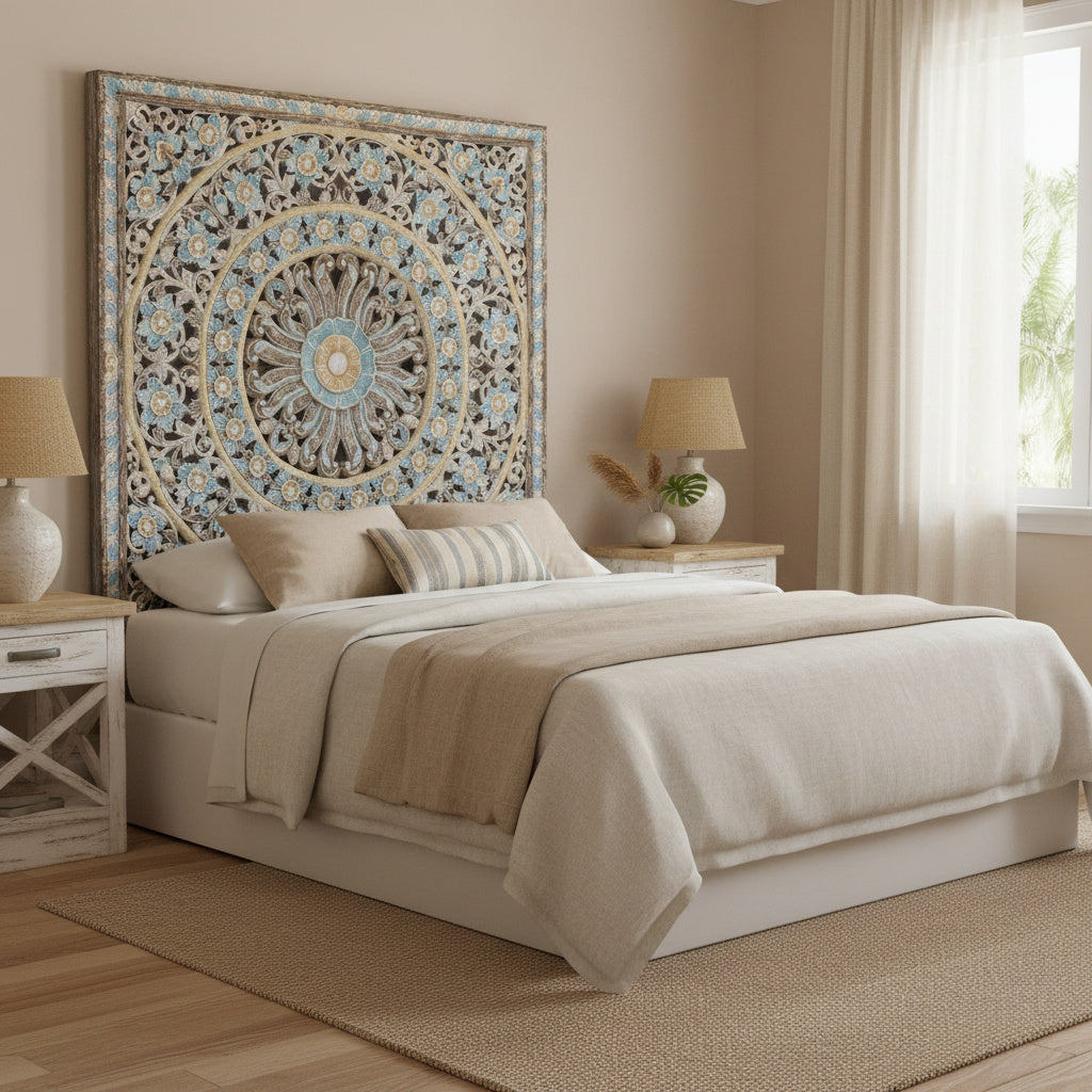 Carved Bed Headboard "Dianna" - Blue