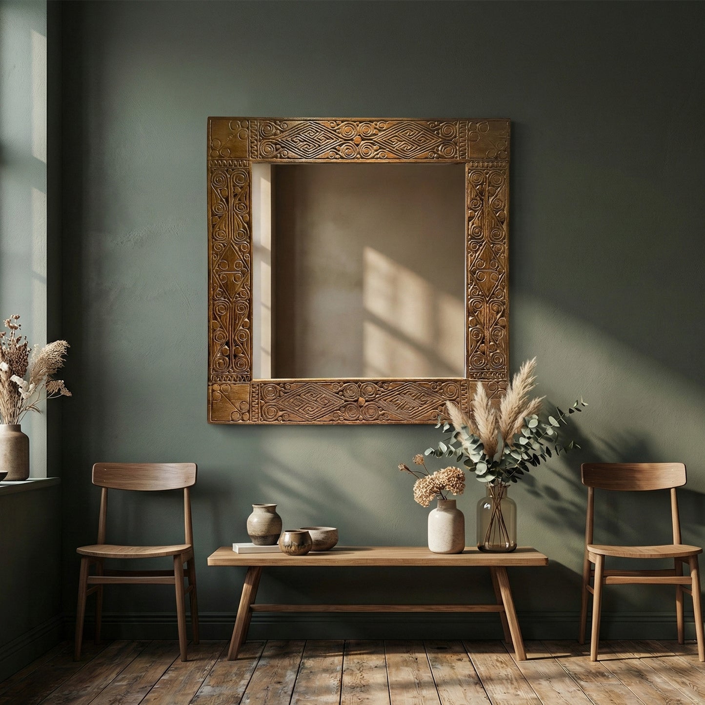 Hand Carved Mirror "Dili" - Natural Brown - 80 cm