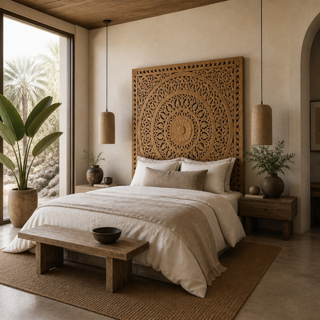 Carved Full Bed Headboard "Embun" in Natural Brown