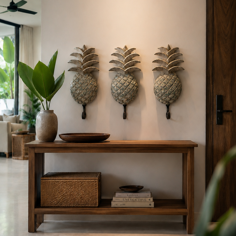 Three metallic pineapple wall sconces mounted on a beige wall above a wooden console table in a styled interior setting.