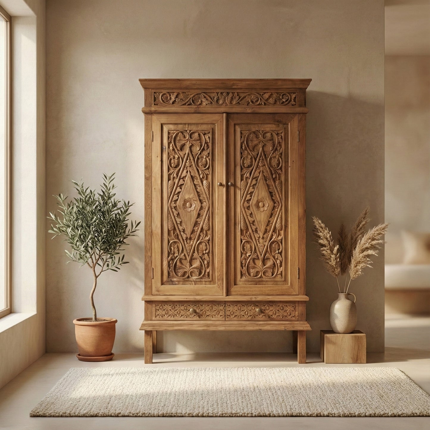 Hand-carved Wooden Cupboard 'Warisan' - 150 cm