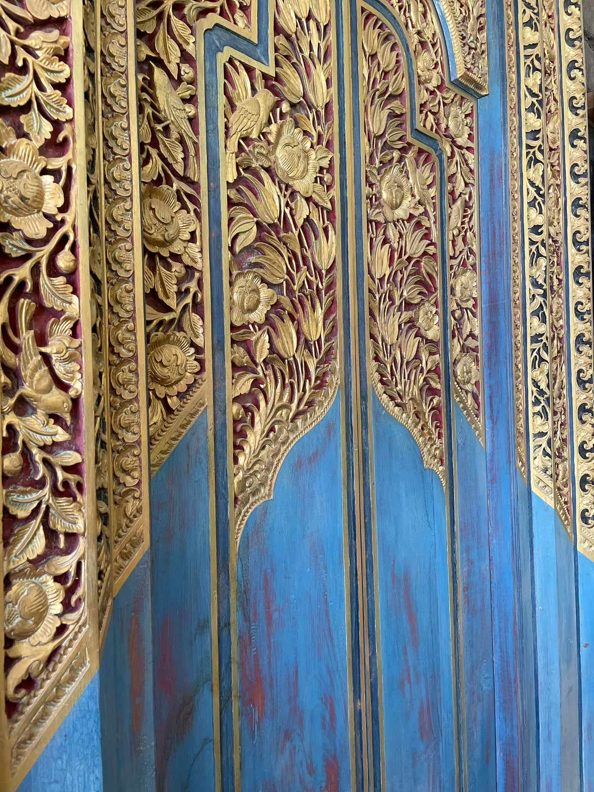 Teak Wooden Hand Carved Door 'Mengwi' in Blue & Gold - 220 x 110 cm