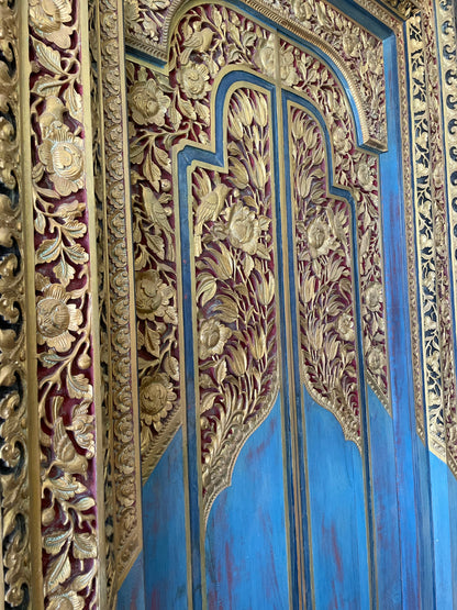 Teak Wooden Hand Carved Door 'Mengwi' in Blue & Gold - 220 x 110 cm