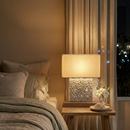 Carved Table Lamp "Kamboja" - Grey & White