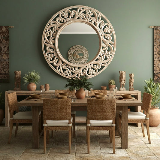 Hand Carved Mirror "Lembayung" - White Wash - 80 cm