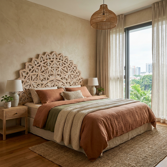 Carved Bed Headboard "Mahkota" - Antique Wash
