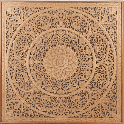 A square wooden wall art piece featuring intricate hand-carved floral and geometric mandala patterns in a warm natural wood finish, shown against a plain white background.