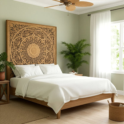 Carved Full Bed Headboard "Manusa" - Natural Brown