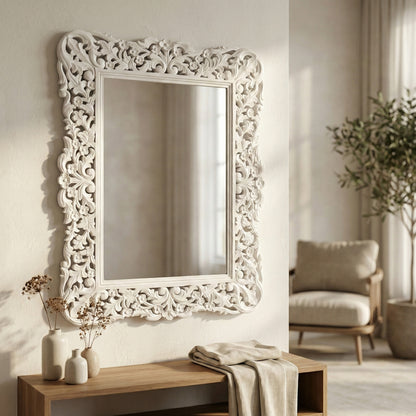 Hand Carved Mirror "Medewi" - White - 90 cm