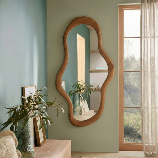 Wooden Organic Wavy Mirror 'Pagi' - Natural -  110 x 50 cm