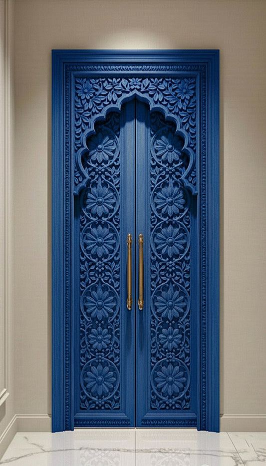 Custom Wooden Arch Indian Door - Teak Wood in Indigo Blue